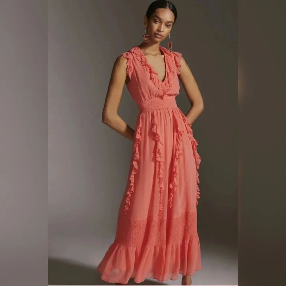 Anthropologie Love The Label Ruffled V-Neck Maxi Dress